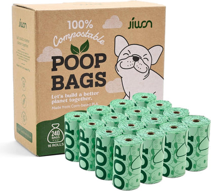 JIWON 100% Certified Home Compostable Dog Poop Bags, 240 Count (16 Rolls), 9"x13", OK Compost & Seedling, Thick & Leakproof, Plant Based Compostable Waste Bags, Unscented