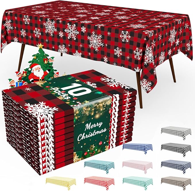 Smiry 10 Pack Gingham Disposable Table Cloth, 54 x 108 Inch Waterproof Plastic Tablecloth, Rectangle Red Checkered Snowflake Table Covers for Christmas, Birthday, Party, Banquet
