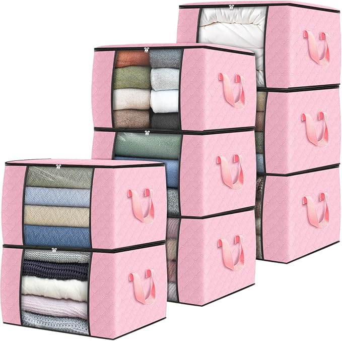 Fab totes 8 Pack Clothes Storage, Foldable Thick Fabric Blanket Storage Bags, Containers for Organizing Bedroom, Closet, Clothing, Comforter, Organization with Handle,Pink