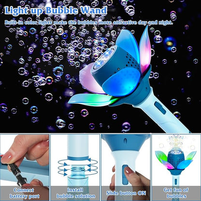 Panamalar Electric Bubble Wand for Kids, Automatic Bubble Machine 10000+ Bubbles Per Minute with Battery/Lights/120ml Solution, Light Up Flower Bubble Wand Bubble Toys for Summer Outdoor Party Wedding