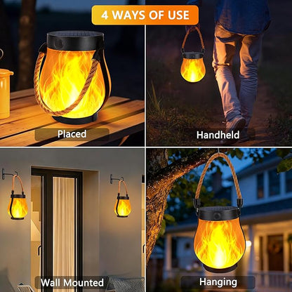 Toodour Solar Lanterns Outdoor Lights, 2 Pack Waterproof Flickering Flame Hanging Lanterns with 2 Modes, Dual Charging USB/Solar Solar Lights for Camping Patio Garden Yard Porch Deck Outdoor Decor