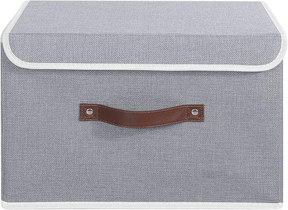ANMINY Storage Bin with Lid Storage Boxes with PU Leather Handles PP Plastic Board Decorative Foldable Lidded Cotton Linen Fabric Home Cubes Baskets Closet Organizer Container - Gray, Large Size