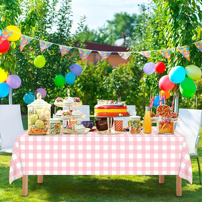 12 Pcs Pink Gingham Tablecloth 54 × 108 Inches Pink and White Checkered Table Cloth Disposable Plastic Waterproof Tablecover for Outdoor Picnic, Birthday Party, Holiday Dinner