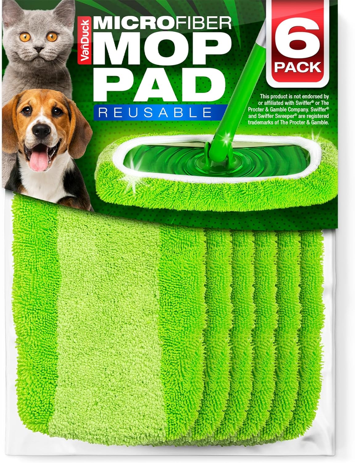 VanDuck Reusable Mop Pads Compatible with Swiffer Sweeper (6-Pack) - Washable Microfiber Mop Pads for Wet & Dry Use - All Purpose Floor Mopping and Cleaning Product
