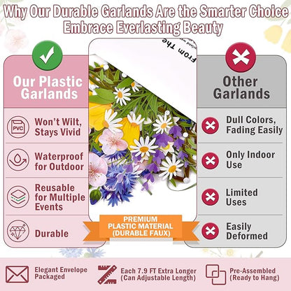 JIAYIQI 2PCS Wildflower Party Decorations, 7.9FT Pre-Strung Floral Garlands for Baby Shower Bloom Birthday Tea Party Wedding, Reusable & DIY Flower Banner for Garden Theme Grad in Bloom & Mothers Day