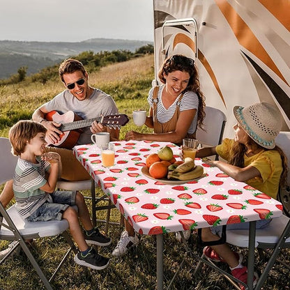 Strawberry Picnic Table Cover with Bench Covers and Bag, Camping Essentials, Berry Waterproof Windproof, Fitted Tablecloth Cover with Elastic Edge for Outdoor Garden 3 PCS 30x96 Inch