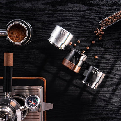 Ikape 58MM Espresso Tamper, New Wooden Handle Design，Premium Barista Coffee Calibrated Tamper with Spring Loaded