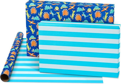 American Greetings Reversible Birthday Wrapping Paper for Kids, Dinosaurs and Unicorns (3 Rolls, 120 sq. ft)