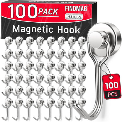 FINDMAG 100 Pack Magnetic Hooks, 30lbs+ Magnetic Hooks for Cruise Cabins, Heavy Duty Strong Neodymium Swivel Swing Hooks for Refrigerator, Grill, Home Supplies, Kitchen Organization - Silver