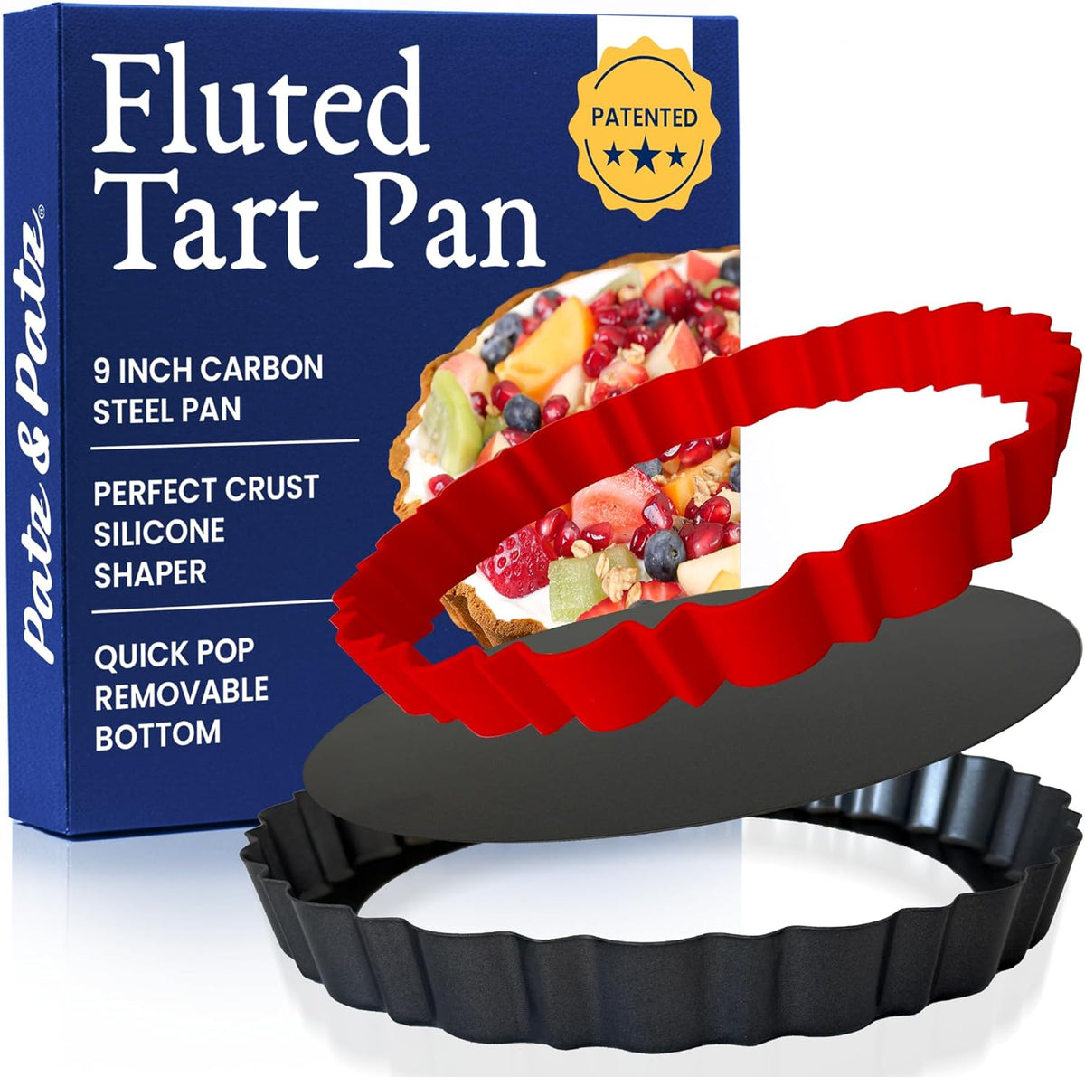 Patz&Patz Fluted Tart Pan 9 Inch Removable Bottom with Patented Silicone Crust Shaper, Nonstick Carbon Steel Quiche Baking Dish