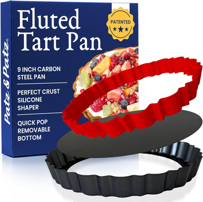 Patz&Patz Fluted Tart Pan 9 Inch Removable Bottom with Patented Silicone Crust Shaper, Nonstick Carbon Steel Quiche Baking Dish