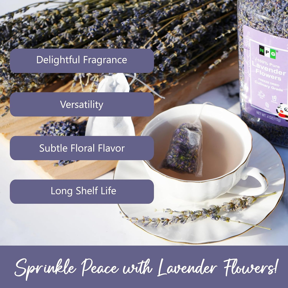 NPG Freeze Dried Lavender Flowers 4 Oz, Culinary Grade Lavender Buds for Tea, Baking, DIY Soap, Candle Making, Potpourri, Natural Fragrance Sachets