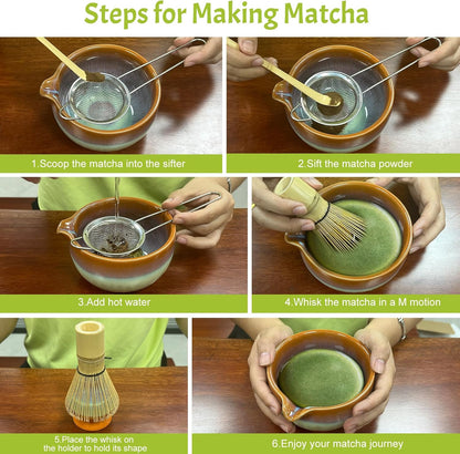 Matcha Whisk Set,6Pcs Matcha Kit Includes Matcha Whisk and Holder,Matcha Bowl with Spout,Matcha Sifter and 2Pcs Matcha Spoon,Suitable as a gift for those who like matcha (Gradient Orange)