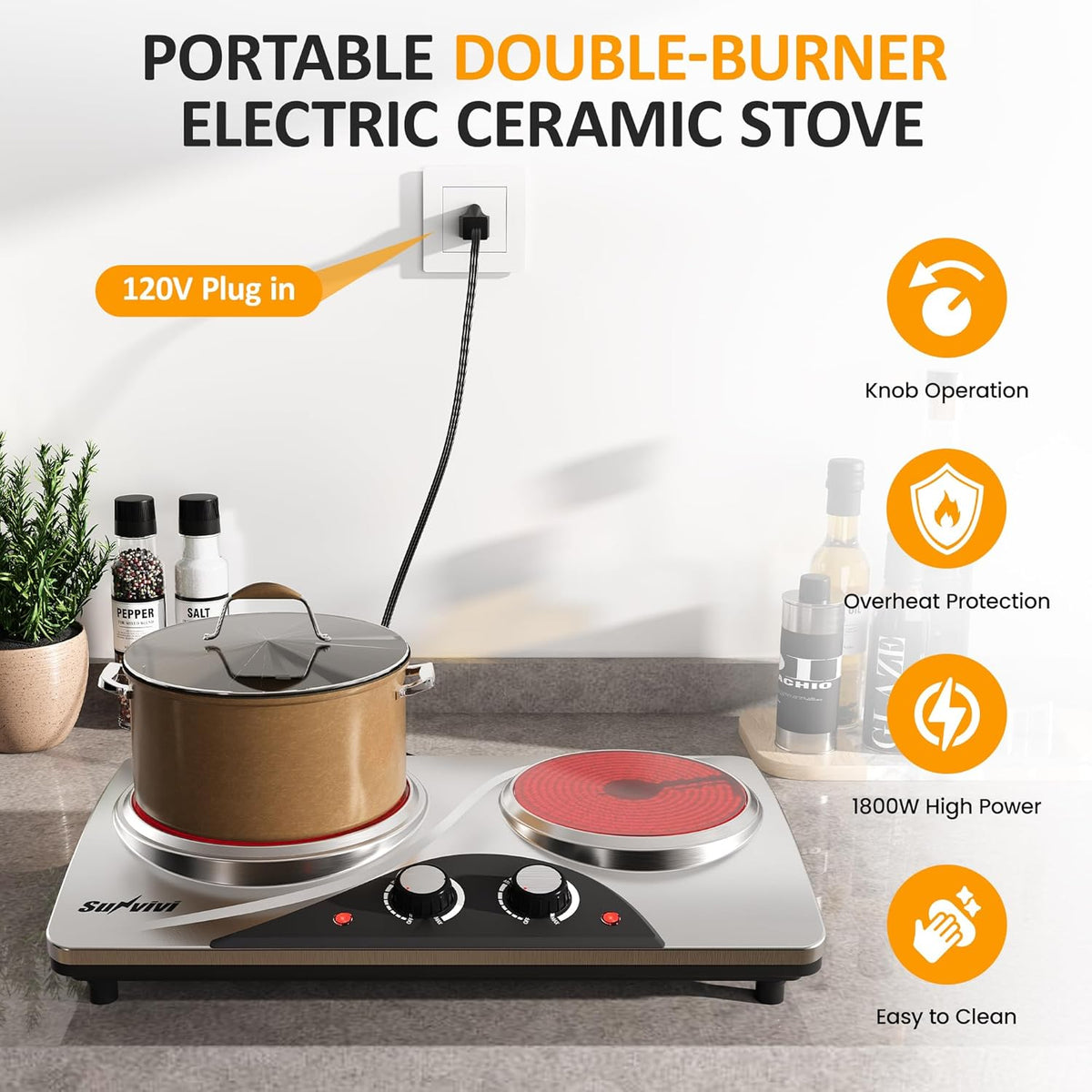 Sunvivi 1800W Dual Burner Portable Electric Ceramic Stove – Knob Control, Indicator Light, Compatible with All Cookware, Ideal for Multiple Cooking Scenarios, Silver