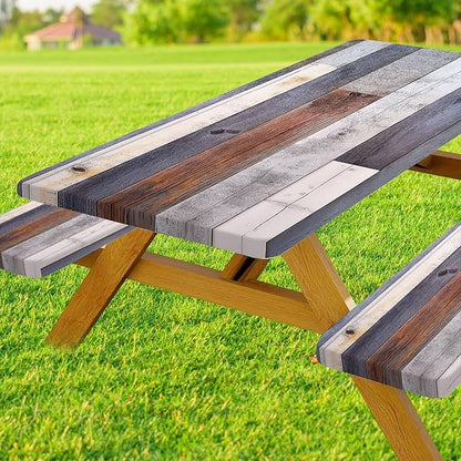 Picnic Table Cover with Bench Covers Rustic Farmhouse Waterproof Windproof Fitted Outdoor Patio Camping Rectangle Tablecloth 60x30 Inch Elastic Edges
