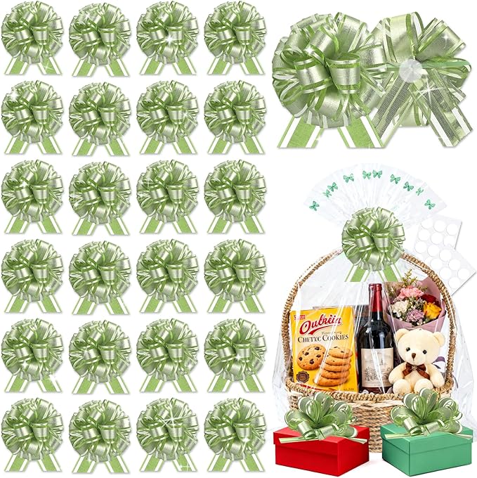 24pcs Light Green Pull Bow for Gift Basket Wrapping Xmas Gift Bows Presents Adhesive Wrap Ribbon Bow for Christmas Tree Bottles Bouquet Flower Valentine's Day Party Decor (Light Green-G)