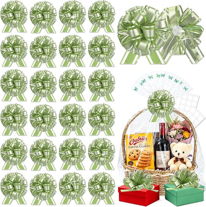 24pcs Light Green Pull Bow for Gift Basket Wrapping Xmas Gift Bows Presents Adhesive Wrap Ribbon Bow for Christmas Tree Bottles Bouquet Flower Valentine's Day Party Decor (Light Green-G)