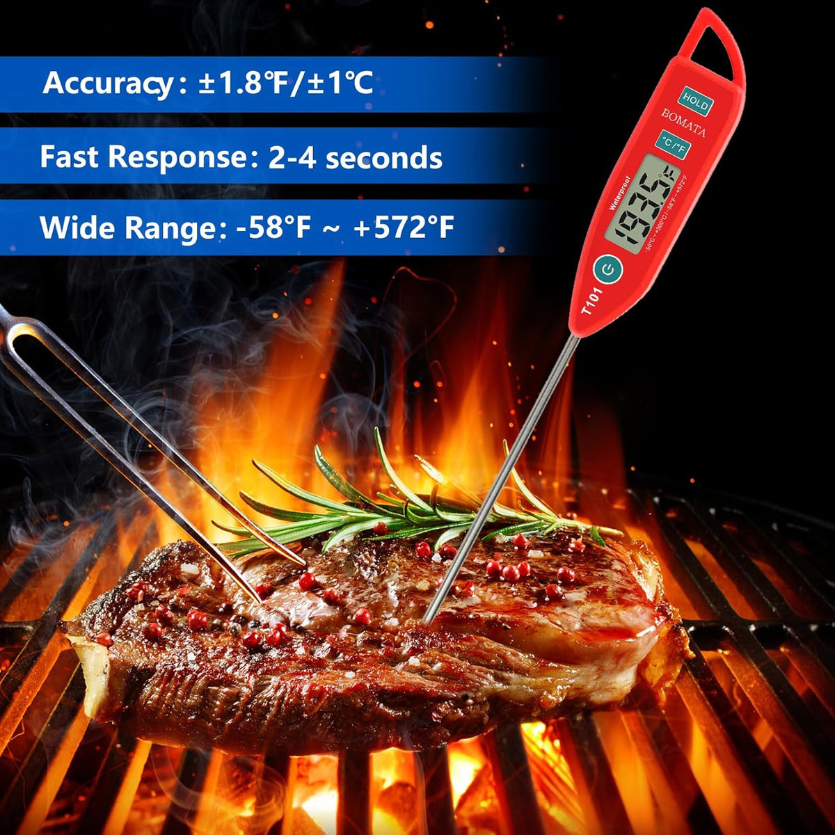 BOMATA 2 Pack Waterproof IPX7 Meat Thermometer Instant Read Food Thermometer with Long Probe for Water, Liquid, Kitchen Cooking, Grill,BBQ ! T101 X 2 Pcs (Black & Red)…