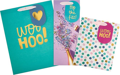 Hallmark Gift Bags, Pack of 3 in Medium, Large and Bottle sizes, 3 Bright Multicoloured Designs, Birthday, Celebration, Congratulations, Anniversary, Green, Pink, White, Yellow