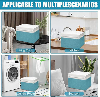 Large 17" 42 Quarts Collapsible Stackable Storage Bins with Lids [3-Pack] Foldable Fabric Linen Storage Boxes Cube, Closet Organizer Baskets with Label for Home (16.7 x 12 x 12", Teal & White)