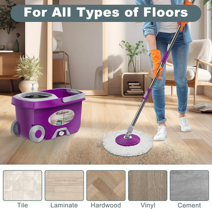 Dual Compartment Spin Mop and Bucket, Mop and Bucket with Wringer Set,360°Rotating Spinning Mopping for Floor Cleaning with 6 Microfiber Replacement Heads, 61" Extended Handle, 2X Wheel