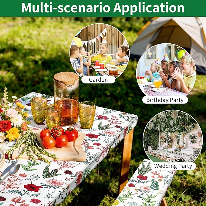 Picnic Table Cover with Bench Covers and Bag - Outdoor Camping Accessories Waterproof Camping Tablecloth with Elastic Edges Fitted Rectangle Tables and Seats