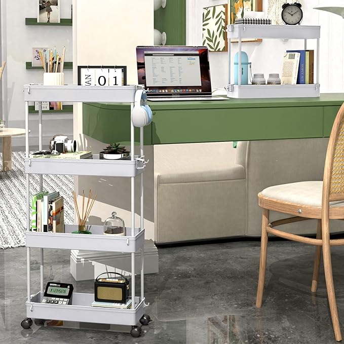 SPACEKEEPER Slim Rolling Storage Cart 4 Tier Bathroom Organizer Mobile Shelving Unit Storage Rolling Utility Cart Tower Rack for Kitchen Bathroom Laundry Narrow Places, Gray