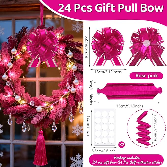 24 pcs Rose Pink Pull Bow for Gift Basket Wrapping Xmas Gift Bows Presents Wrap Ribbon Bow for Christmas Tree Bottles Bouquet Flower Valentine's Day Party Decor (Rose Pink-G)