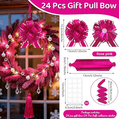 24 pcs Rose Pink Pull Bow for Gift Basket Wrapping Xmas Gift Bows Presents Wrap Ribbon Bow for Christmas Tree Bottles Bouquet Flower Valentine's Day Party Decor (Rose Pink-G)