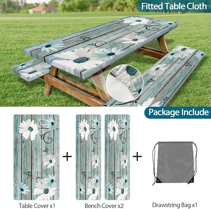 Rustic Daisy Picnic Table Cover with Bench Covers, Waterproof Farmhouse Vintage Floral on Wooden Board Teal Sunflowers Tablecloth for Camping Indoor Outdoor Party Decorations, 30X72in