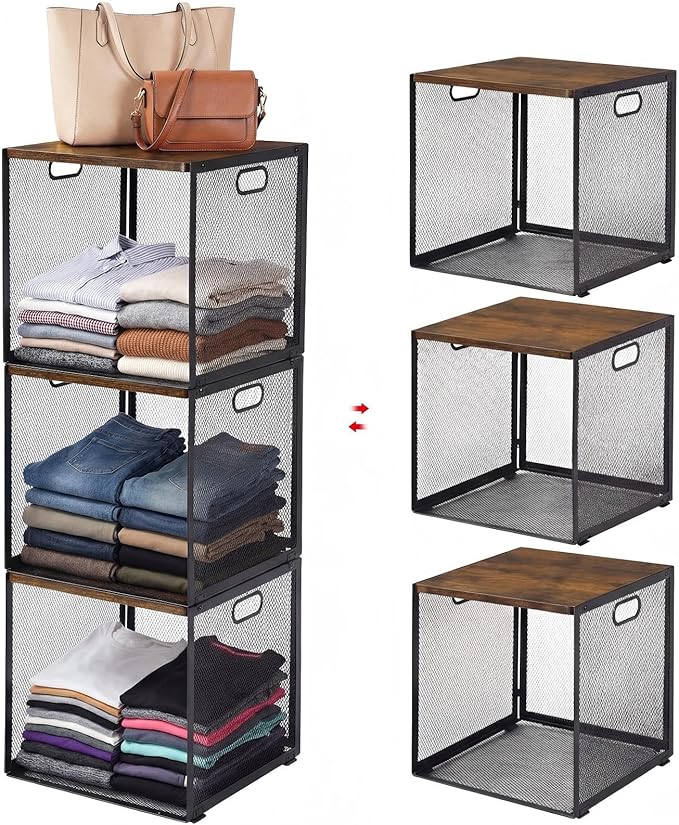 AceOrbit 3 Pcs Widened Stackable Closet Organizers and Storage with Wood Top Foldable Metal Cube Closet Shelf DIY Space Saving Linen Clothes Shoes Bed Sheet Bin for Wardrobe Bedroom Living Room Pantry