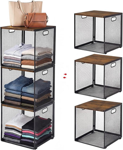 AceOrbit 3 Pcs Widened Stackable Closet Organizers and Storage with Wood Top Foldable Metal Cube Closet Shelf DIY Space Saving Linen Clothes Shoes Bed Sheet Bin for Wardrobe Bedroom Living Room Pantry