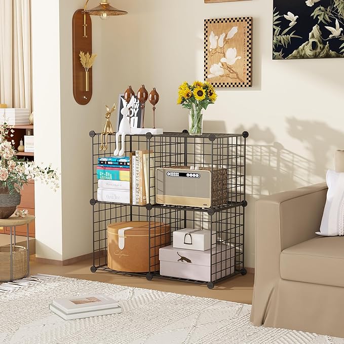 C&AHOME Wire Cube Storage, 4-Cube Storage Organizer Metal, C Grids Storage Bins Shelving, Modular Bookshelf Shelf, Closet Cabinet Ideal for Bedroom, Office 12.4”L x 24.8”W 36.6”H Black UWCS3004B
