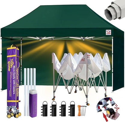 Tradesparker Pop Up Tent,Commercial Movable Canopy with ApexCore LED&Rugged Casters-Instant Easy Setup Shelter Canopies with Weight Bags&Stakes for Outdoor Events(8x12, with 4 Sidewalls, ForestGreen)