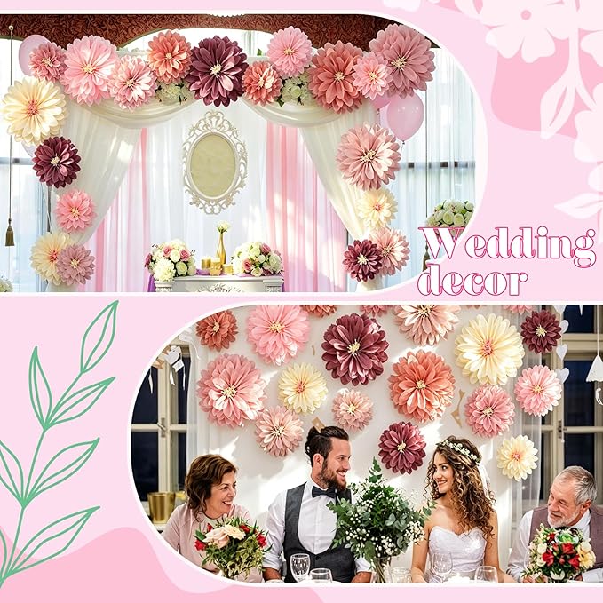Geyee 18 Pcs Mexican Paper Flowers Colorful Fiesta Tissue Paper Flowers Pom Poms Mexican Carnival for Floral Party Backdrop Wedding Birthday Party Craft (Vintage Color,12" 14" 20")