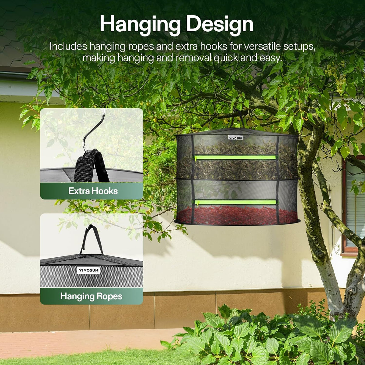 VIVOSUN 2-Layer Mesh Drying Rack Hanging Design with Green Zippers for Dehydrating, Indoor and Outdoor Pruning Shears Included