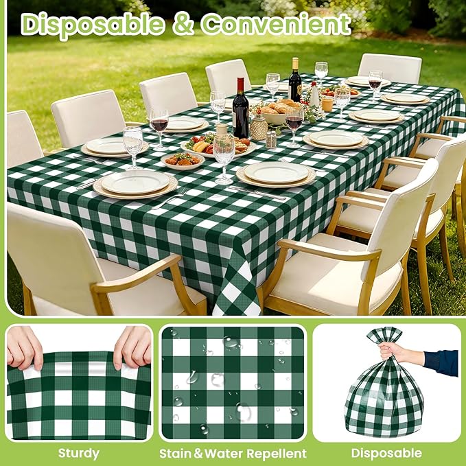 Mulbozy Dark Green Gingham Tablecloth 4 Pack, 54 x 108 Inch Plastic Table Cloth Disposable, Green and White Checkered Table Cover for Party Supplies