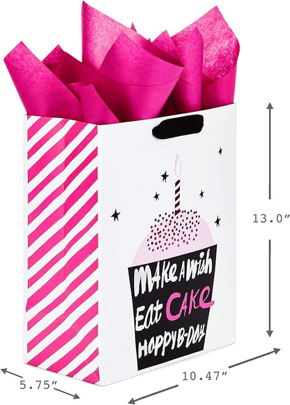 Hallmark Gift Bags Assortment with Tissue Paper - Pink and Black Cupcake, Shoes, Flamingo (Pack of 3: 2 Large 13" and 1 Medium 7" Gift Bags) for Birthdays, Mother's Day, Baby Showers, Bridal Showers