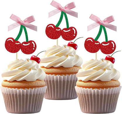 24 Pack Cherry Cupcake Toppers, Glitter Sweet Cherry Cupcake Pick | Fruits Theme Baby Shower and Bridal Shower Decorations Supplies