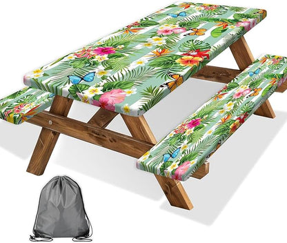 Picnic Table Cover with Bench Covers, Camping Essentials Hawaiian Luau Tropical Palm Leaves Flower Butterfly Waterproof Windproof Fitted Tablecloth Cover with Elastic Edge for Outdoor 3 PCS 30x96 Inch
