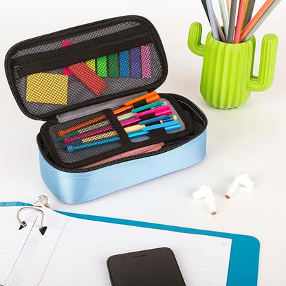 Five Star Pencil Pouch, Pen Case, High-Capacity Zipper Pouch, Storage Organizer for School Supplies Earbuds Chargers Cables Makeup, Blue/Denim (500212F-ECM)