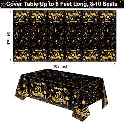 NatNarr 3 Pack 50th Birthday Plastic Tablecloth, 54x108 Inch Black Gold Disposable Rectangle Table Cover Waterproof Table Cloth for Birthday 50 Anniversary Party Supplies