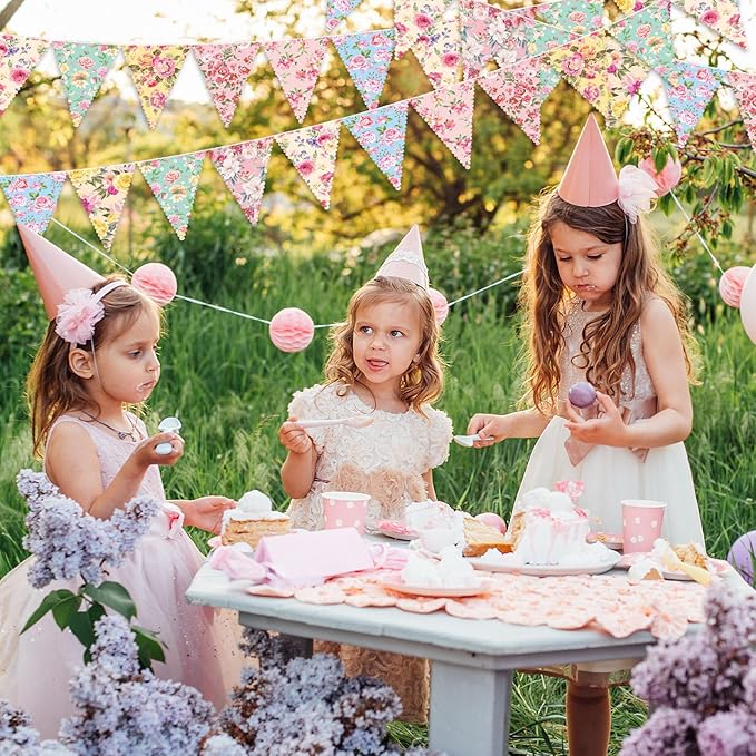 Faccito 49 Ft 5 Pcs Tea Floral Party Paper Bunting Decor Outdoor Bunting Banner Outdoor Vintage Bright Floral Paper Wildflower Garland Garden Theme Tea Party Bridal Shower Decorations for Women