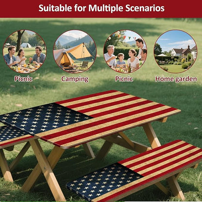 Picnic Table Cover with Bench Covers 8FT 3PCS, 250th Anniversary Rectangle Tablecloth, Waterproof Fade Resistant American Flag Decor for 4th of July for Outdoor Parties, 96", US Flag