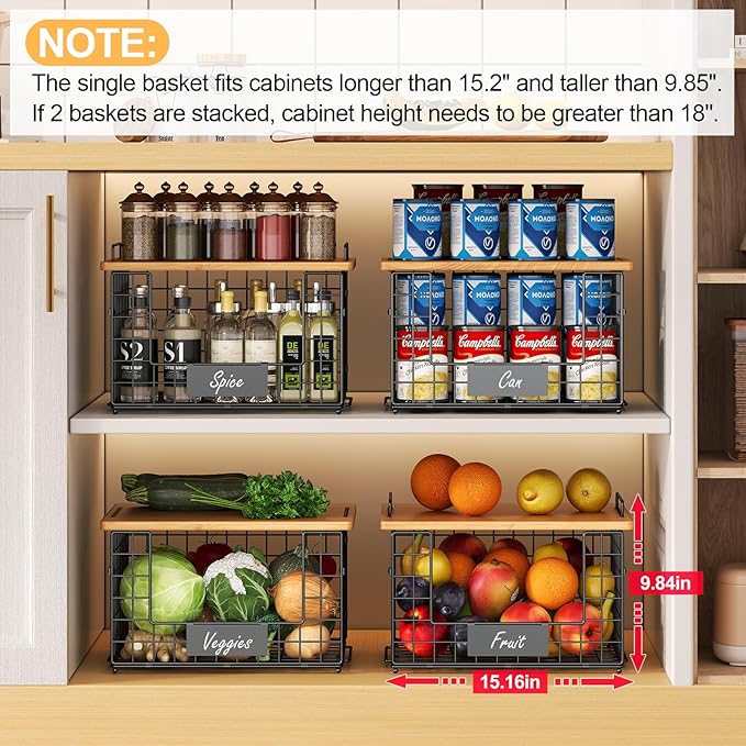 2 Pack Stackable Wire Baskets with Bamboo Top for Pantry Organizers and Storage, XXL Kitchen Organization Counter Basket for Fruit, Vegetable, Produce, Bread, Potato and Onion Storage Bins