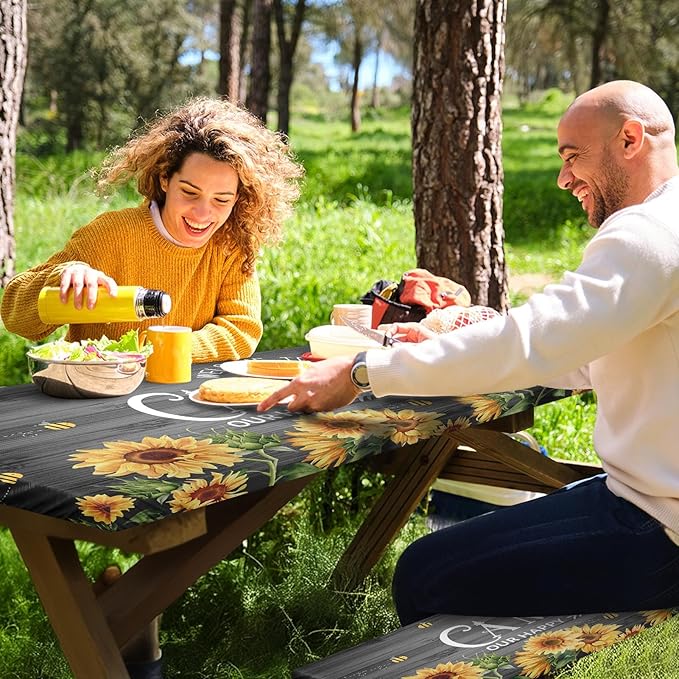Sunflower Picnic Table Cover with Bench Covers, Rustic Grey Wooden Summer Floral Farmhouse Outdoor Camping Essentials 6FT 3PCS Fitted Rectangle RV Must Haves Tablecloth with Drawstring Bag