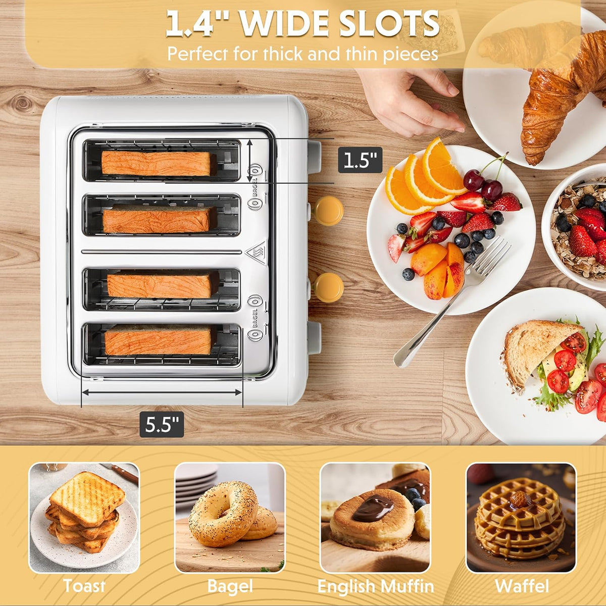 BUYDEEM DT640 4-Slice Toaster, Extra Wide Slots, Stainless Steel with High Lift Lever, Bagel and Muffin Function, Removal Crumb Tray, 7-Shade Settings, Arctic White