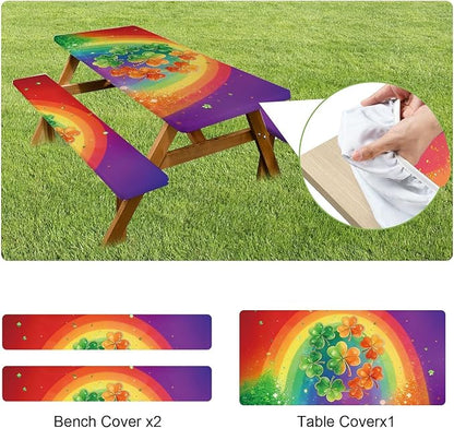 ANNA QUEEN 6FT Rainbow Clover Outdoor St. Patrick's Picnic Table Cover with Bench Covers Picnic Table Cover Set 3PCS 72"x30", Outdoor Bench and Tablecloth Furniture Protection