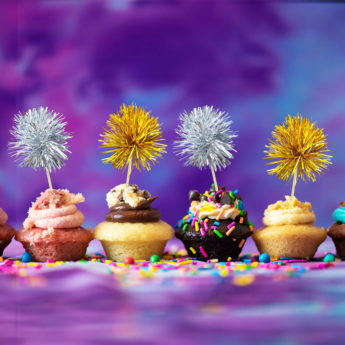 Gyufise 30Pcs Foil Firework Cupcake Toppers Sparkle Tinsel Cake Toppers Tinsel Drink Cake Decoration Cocktail Picks for Birthday Wedding Graduation Party Supplies Gold Silver