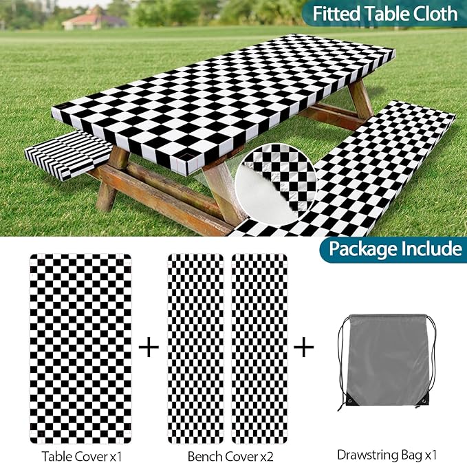 Picnic Table Cover with Bench Covers and Bag, Black and White Checkered Buffalo Plaid Camping Tablecloth Waterproof Windproof Elastic Edges Fitted Gingham Tablecloth for Outdoor Garden 3PCS 30x72 Inch